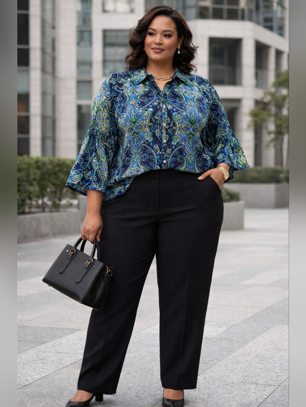 Susan Graver Blue Green Paisley Button-Down Top